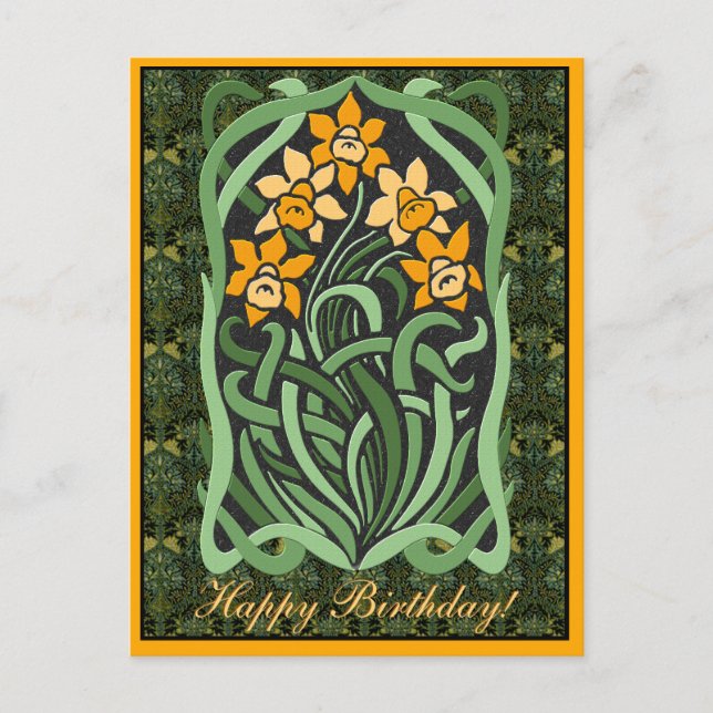 Cartão Postal Art Nouveau Birthday Daffodils (Personalizado) (Frente)