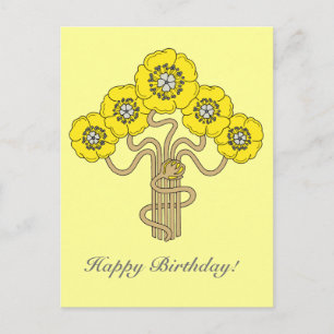 Cartão Postal Art Nouveau flor desenho de feliz aniversário