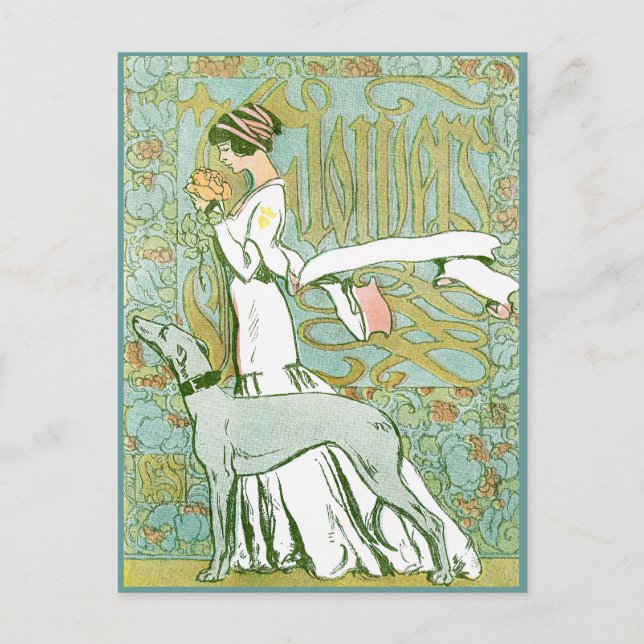 Cartão Postal Art Nouveau Greyhound e Lady com Flor (Frente)