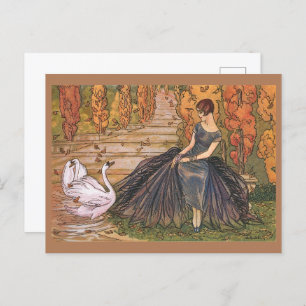 Cartão Postal Art Nouveau Mulher Swan Ilustração de arte de vint