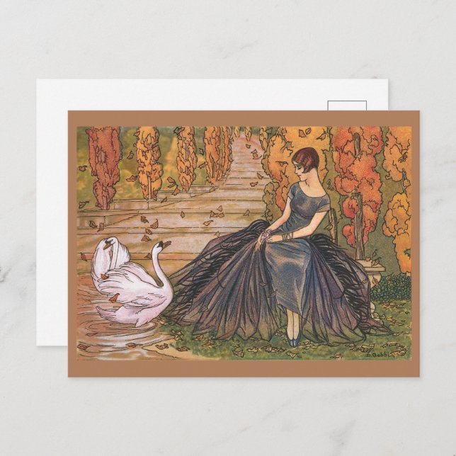 Cartão Postal Art Nouveau Mulher Swan Ilustração de arte de vint (Frente/Verso)