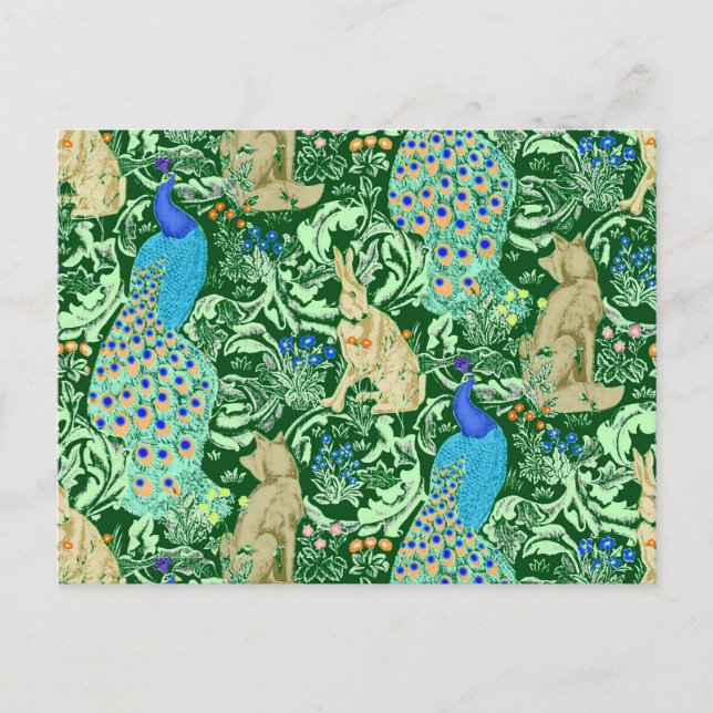 Cartão Postal Art Nouveau Peacock Impressão, Cobalt Azul e Verde (Frente)