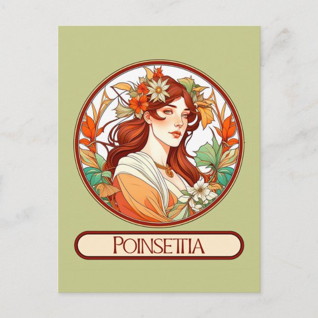 Cartão Postal Art Nouveau Poinsettia Mulher (Frente)