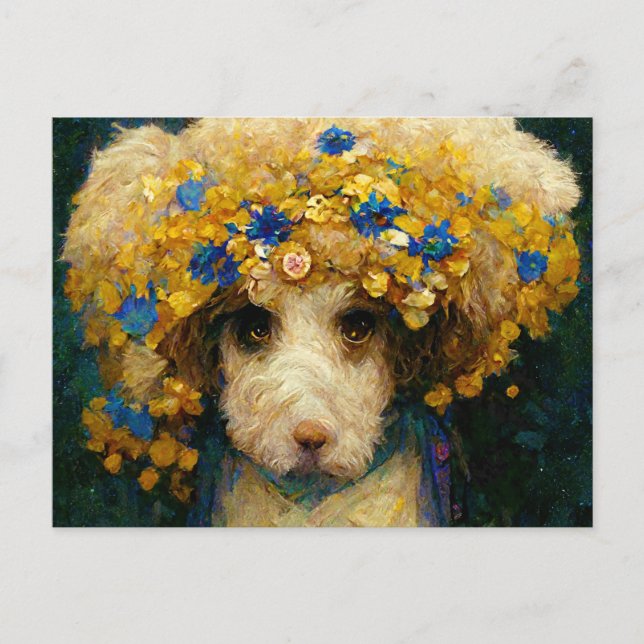 Cartão Postal Art Nouveau portrait of poodle dog with flowers (Frente)