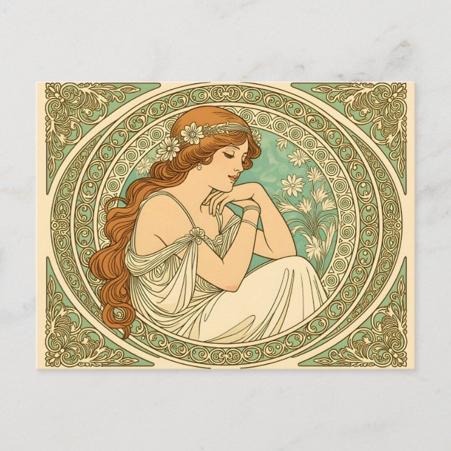 Cartão Postal Art nouveau romantic illustration white flowers (Frente)