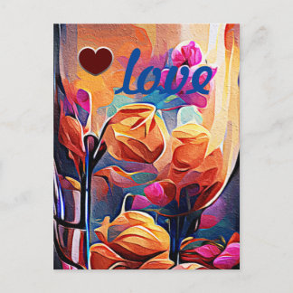 Cartão Postal Arte abstrata floral laranja vermelho azul flores