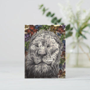 Cartão Postal Arte Animal Leão Borboletas Asas Sob as Minhas Asa