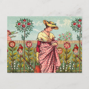 Cartão Postal Arte Antigo Jardim Crescer Flor Mulher