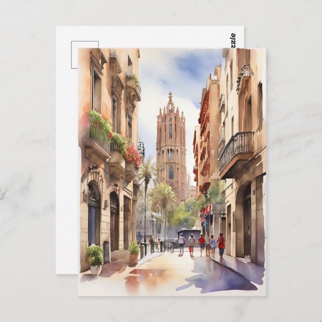 Cartão Postal Arte aquarela de Barcelona (Frente/Verso)