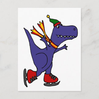 Cartão Postal Arte Azul Funny T-Rex Dinossauro Ice Sking
