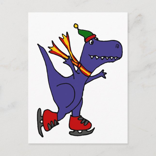Cartão Postal Arte Azul Funny T-Rex Dinossauro Ice Sking (Frente)