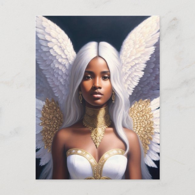 Cartão Postal Arte Black Female Angel White Wings (Frente)