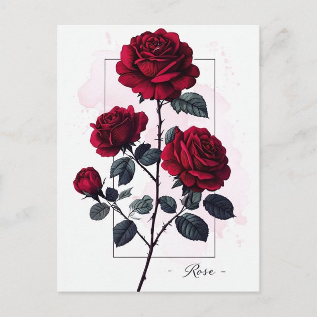 Cartão Postal Arte Botânica de Rosas vermelhas Intriciadas (Frente)