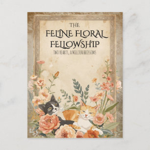 Cartão Postal Arte Botânica Rústica e Felina com Flores Vintage