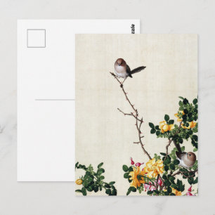 Cartão Postal Arte Chinesa Antiga com Rosa Amarela e Pássaros