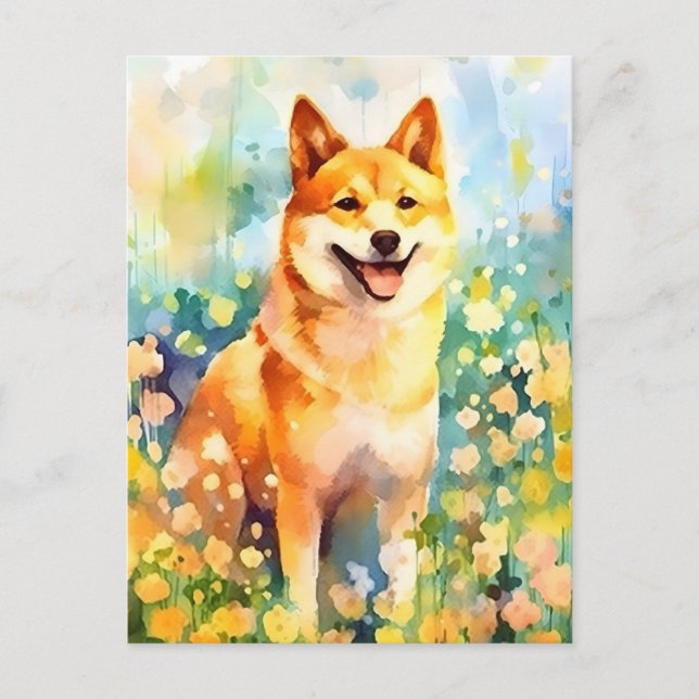 Cartão Postal Arte colorida em aquarela de Shiba Inu (Frente)