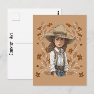 Cartão Postal Arte Country Vaqueira Chapéu de Cowboy Pose Com Fl