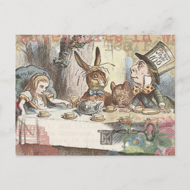 Cartão Postal Arte da Festa de Chá Maluca de Alice no País das M (Frente)