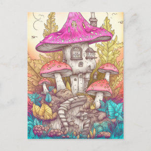 Cartão Postal Arte da Ilustração da Aldeia de Mushroom Retro