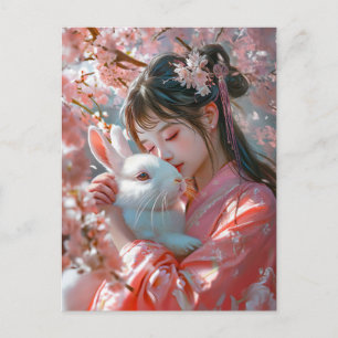 Cartão Postal Arte da Menina com Coelho do Zodíaco Chinês
