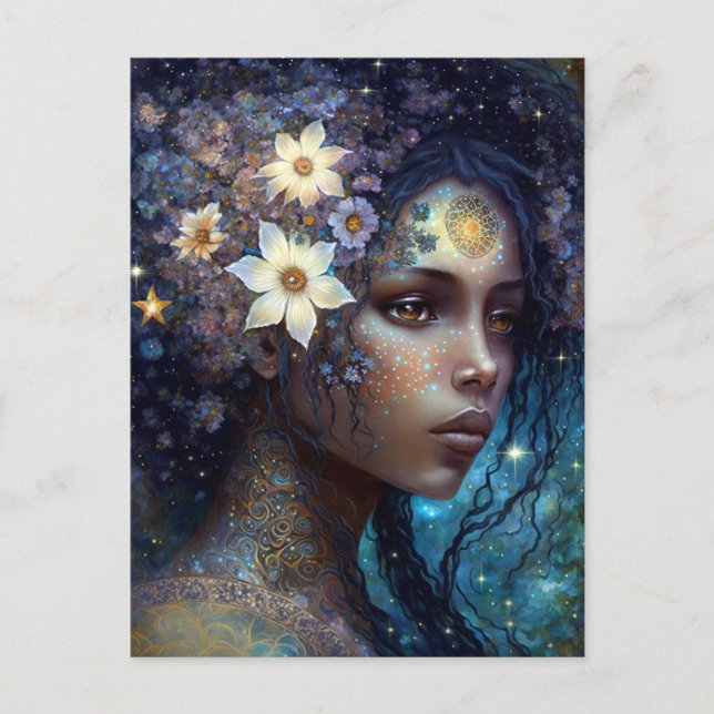 Cartão Postal Arte da Rainha Fantasia, Deusa Negra Africana (Frente)