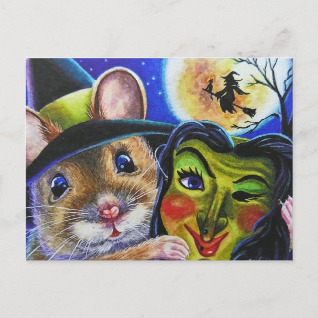 Cartão Postal Arte de Aquarela com Mouse de Bruxas do Halloween (Frente)