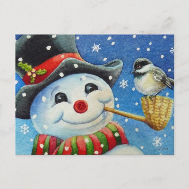 Cartão Postal Arte de Aquarela de Inverno Snowman e Chickadee (Frente)