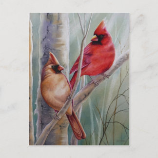 Cartão Postal Arte de Aquarela de Pássaros Cardinhos de Norte Ve