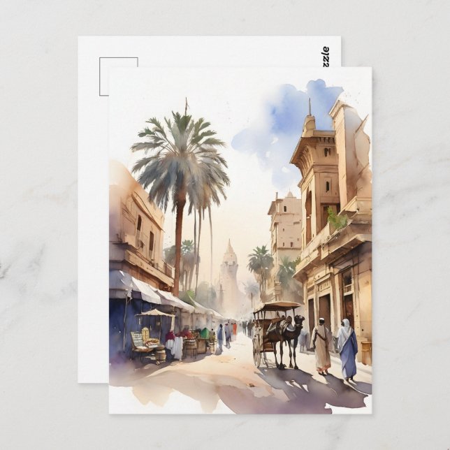 Cartão Postal Arte de aquarela do Cairo (Frente/Verso)