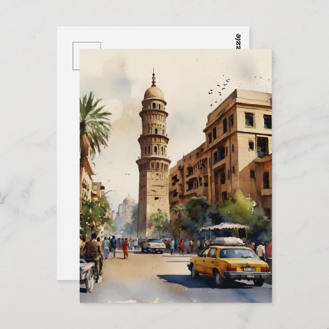 Cartão Postal Arte de aquarela do Cairo (Frente/Verso)