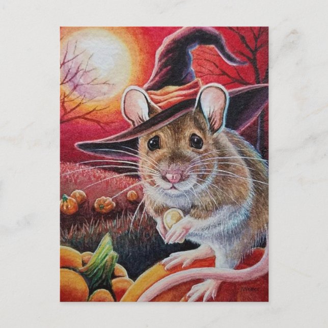 Cartão Postal Arte de Aquarela do Mouse de Bruxa de Halloween (Frente)