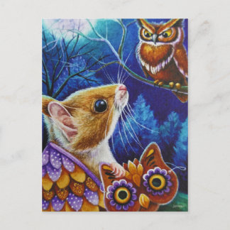 Cartão Postal Arte de Aquarela do Mouse Halloween Owl Vintage