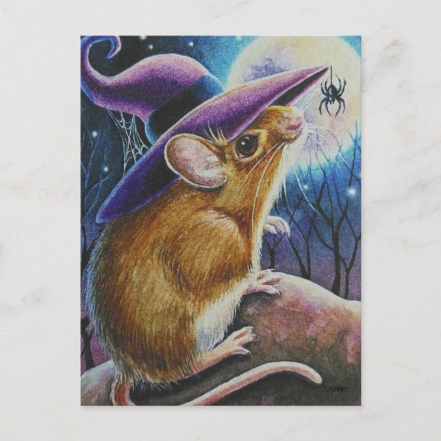 Cartão Postal Arte de Aquarela do Rato Aranha de Bruxas do Hallo (Frente)