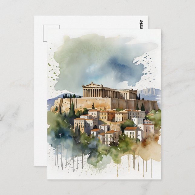 Cartão Postal Arte de aquarela Grécia de Atenas (Frente/Verso)