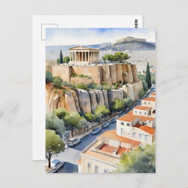 Cartão Postal Arte de aquarela Grécia de Atenas (Frente/Verso)
