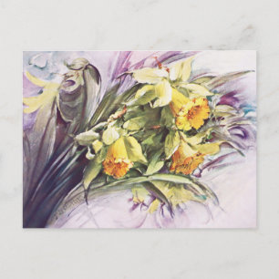 Cartão Postal Arte de aquarela vintage elegante narcisos amarelo