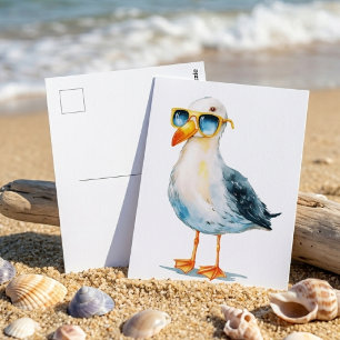 Cartão Postal Arte de Ave de Praia em Aquarela de Gaivota Legal