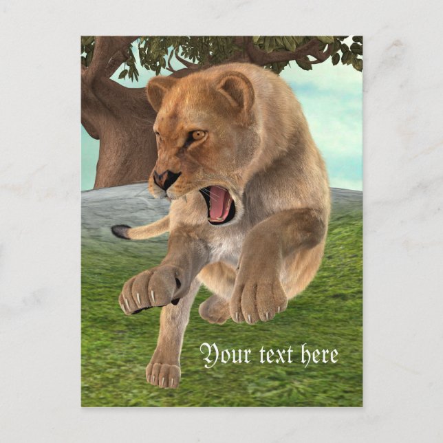 Cartão Postal Arte de Aventura na Selva com Leoa Feroz (Frente)