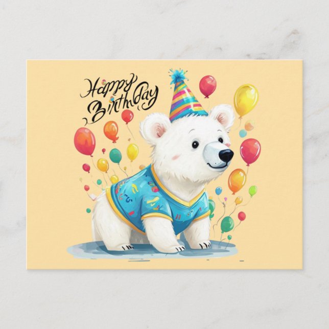 Cartão Postal Arte de Balões de Urso Polar no Aniversário Feliz (Frente)