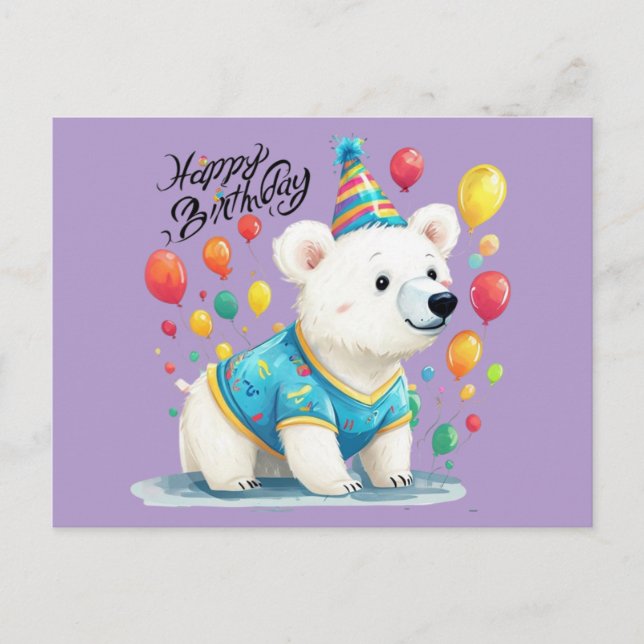 Cartão Postal Arte de Balões de Urso Polar para Festa de Anivers (Frente)