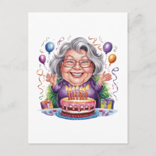 Cartão Postal Arte de Bolo de Aniversário de Senhora Idosa Anima