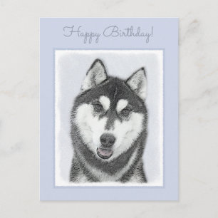 Cartão Postal Arte de Cão Siberiana (Preto e Branco)