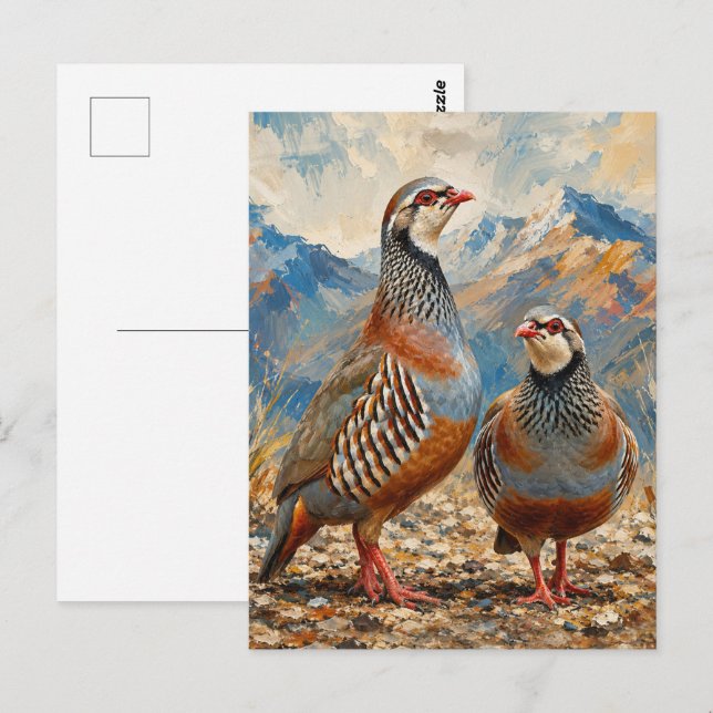 Cartão Postal Arte de casal de perdiz Chukar (Frente/Verso)