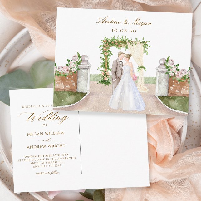 Cartão Postal Arte de casal do jardim de casamentos com aquarela (Criador carregado)