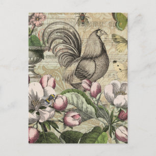 Cartão Postal Arte de Colagem de Jardim com Galo Vintage: País F