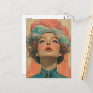 Cartão Postal Arte de Colagem Surrealista com a Cabeça Dela nas