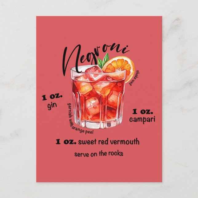Cartão Postal Arte de Coquetel de Bar de receita Negroni (Frente)