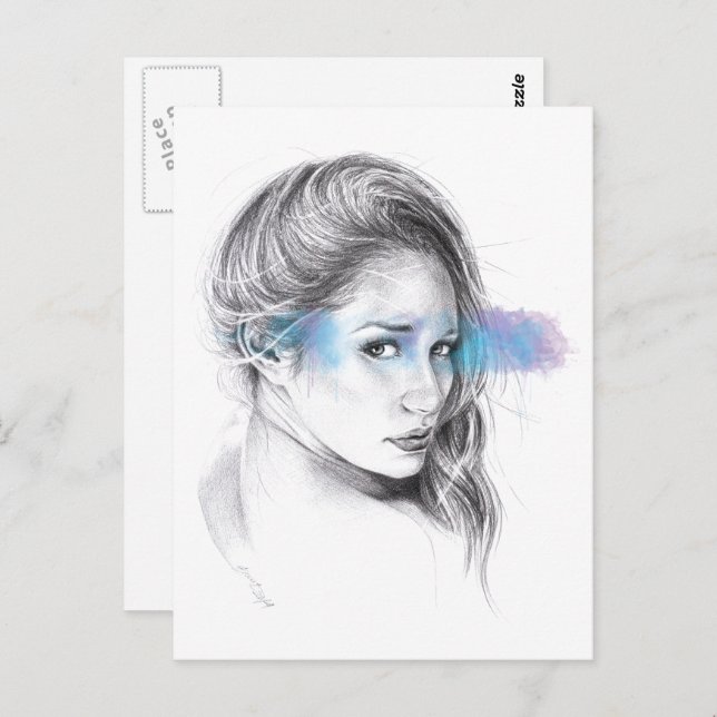 Cartão Postal Arte de desenho de lápis de retrato feminino (Frente/Verso)
