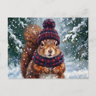Cartão Postal Arte de Esquilo Vermelho de Inverno Rústico Natal