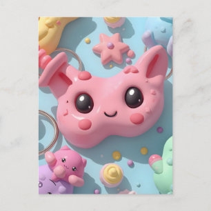 Cartão Postal Arte de Fantasia de Criatura Kawaii Pastel